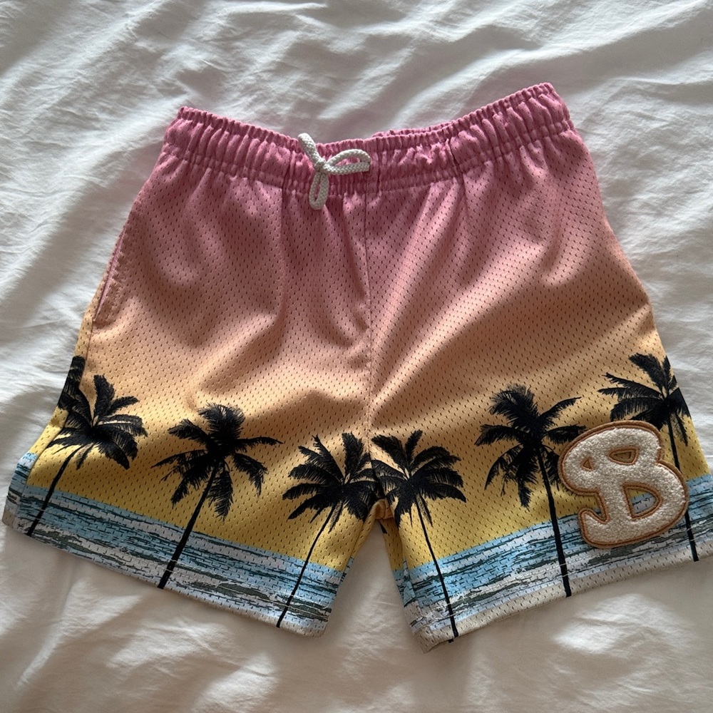 Bucketsquad Pink and Yellow Beach Shorts with Palm Tree Design